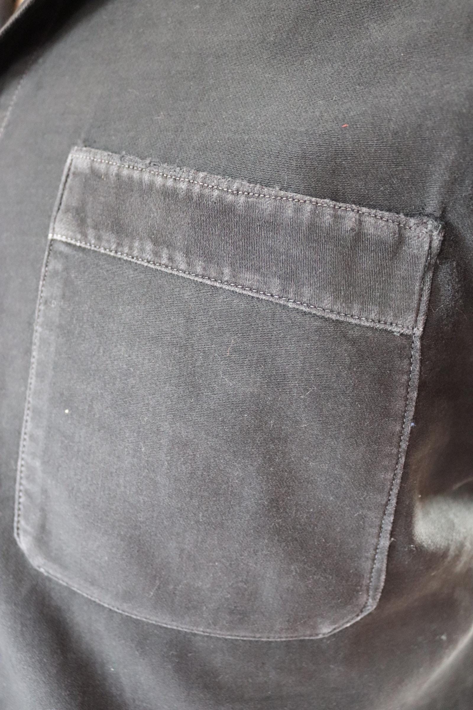 Vintage 1940s French workwear shirt - faded black moleskin cotton - darned and repaired - 42” chest