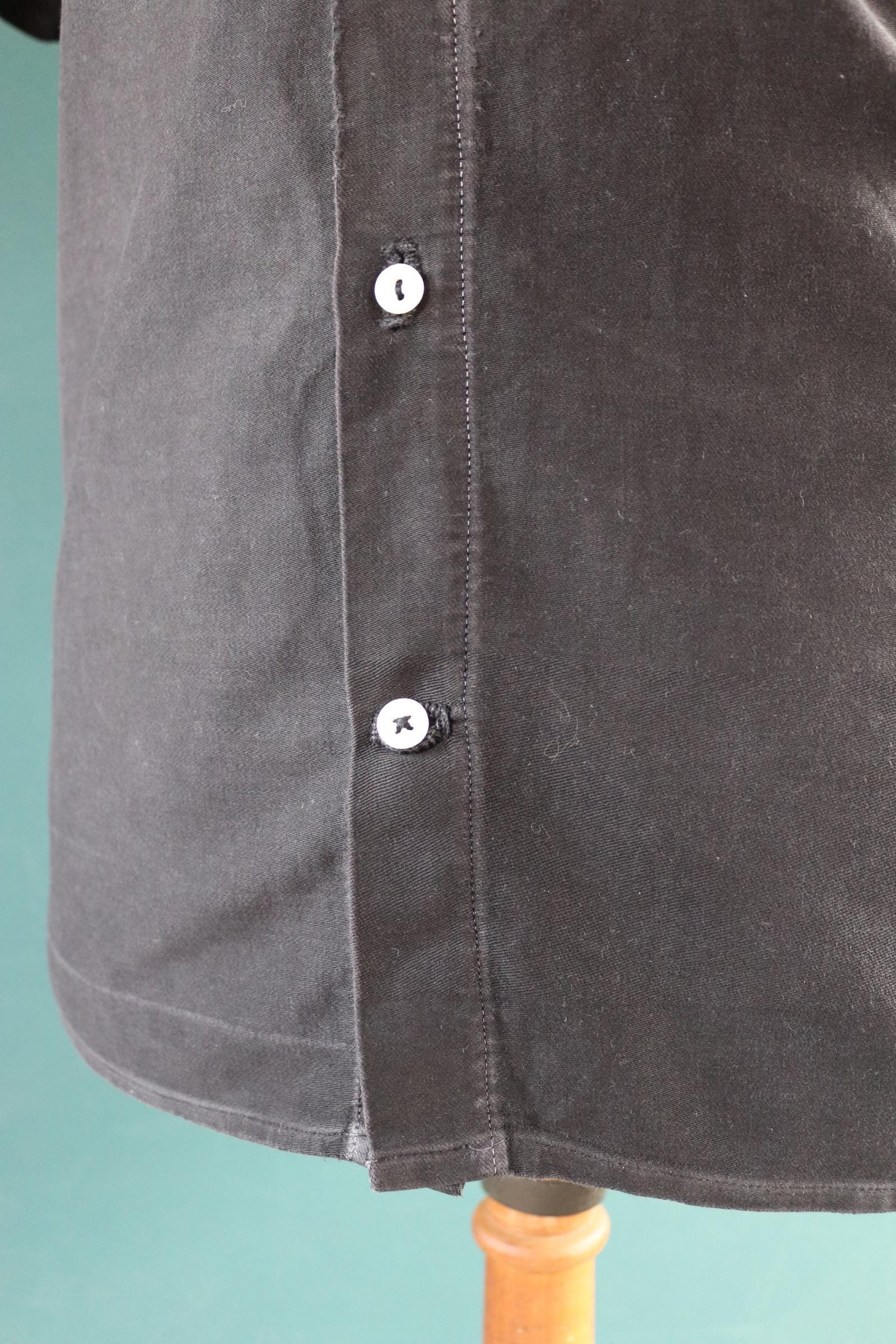 Vintage 1940s French workwear shirt - faded black moleskin cotton - darned and repaired - 42” chest