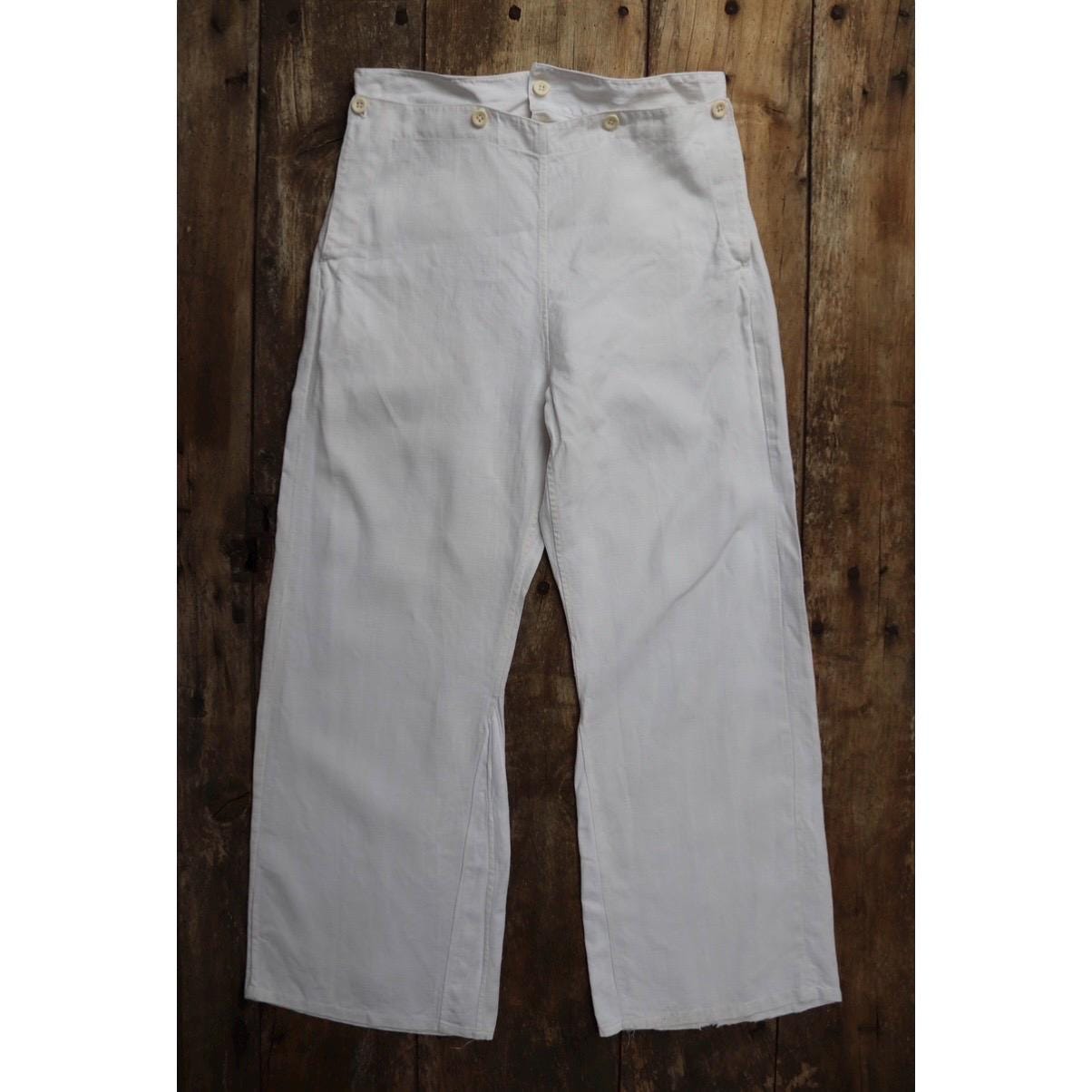 Vintage 1930s French white linen flares - Marine Nationale trousers - military pants - bell bottoms - 33” x 29”