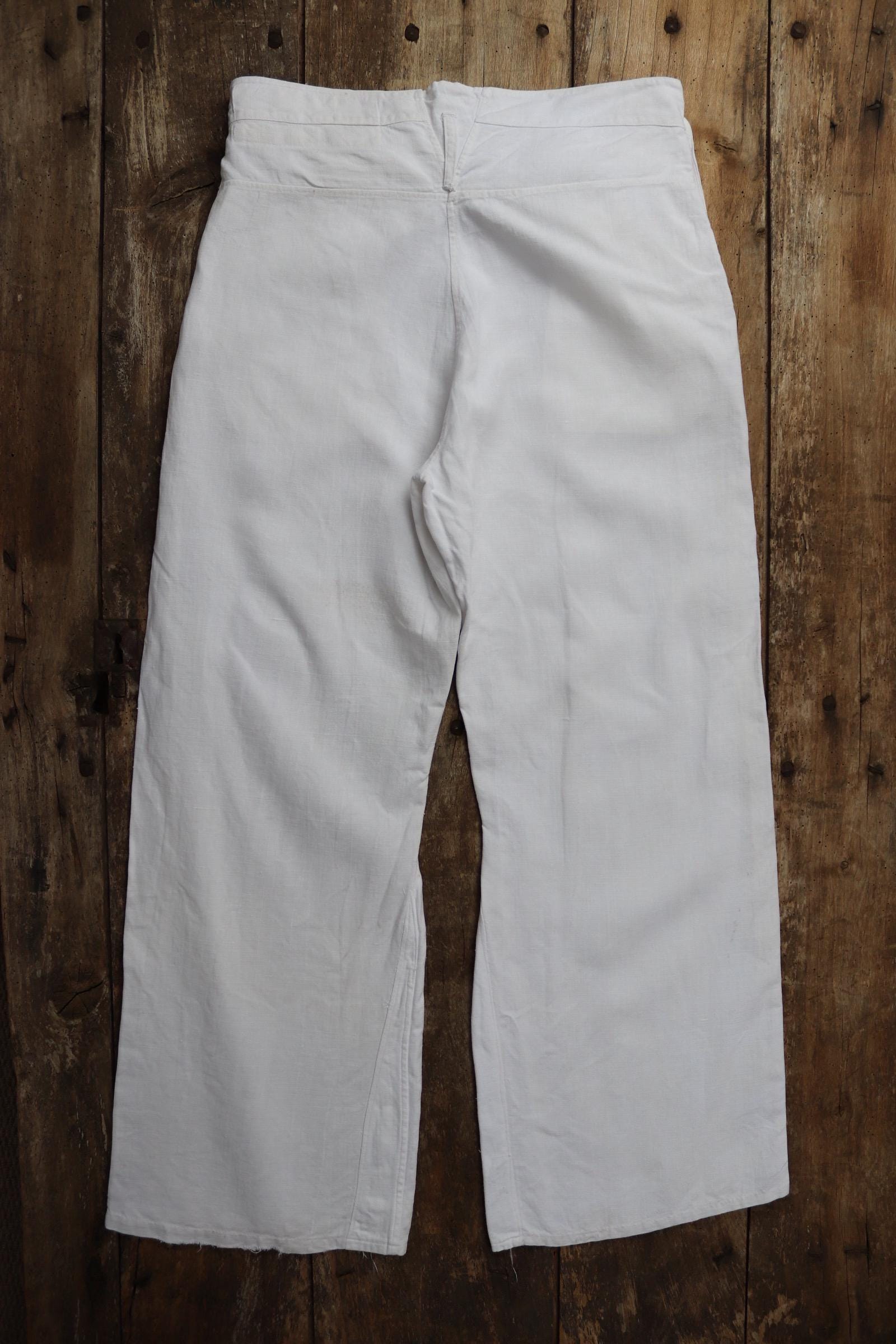 Vintage 1930s French white linen flares - Marine Nationale trousers - military pants - bell bottoms - 33” x 29”