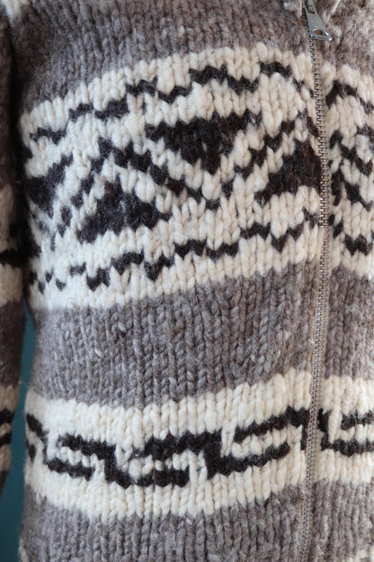Vintage 1980s Cowichan wool cardigan - hand knitted - chunky winter sweater - 41" chest