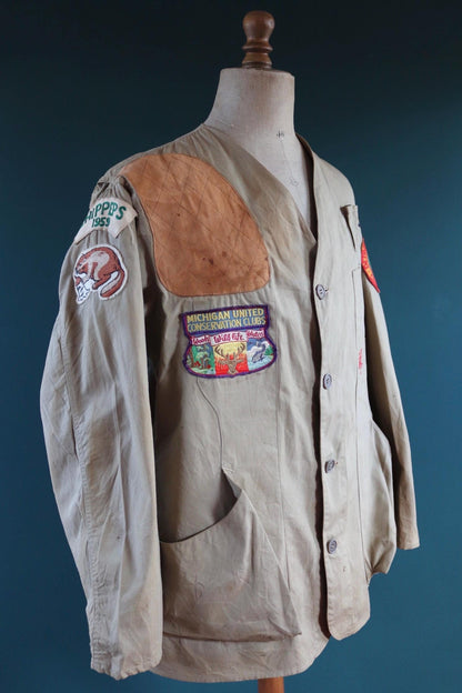 Vintage 1950s shooting jacket - rifle club chain stitch patches - 50” chest