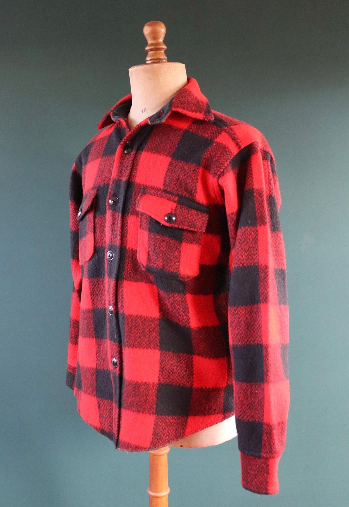 Vintage 1980s Melton wool workwear shirt - buffalo plaid - 46" chest