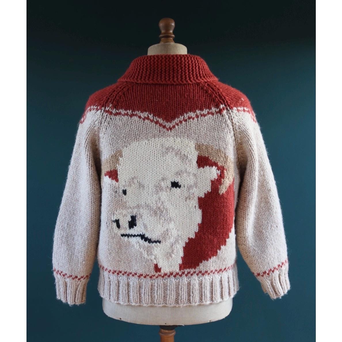 Vintage 1960s Cowichan wool sweater - novelty hand knit cardigan - cow design - 46” chest