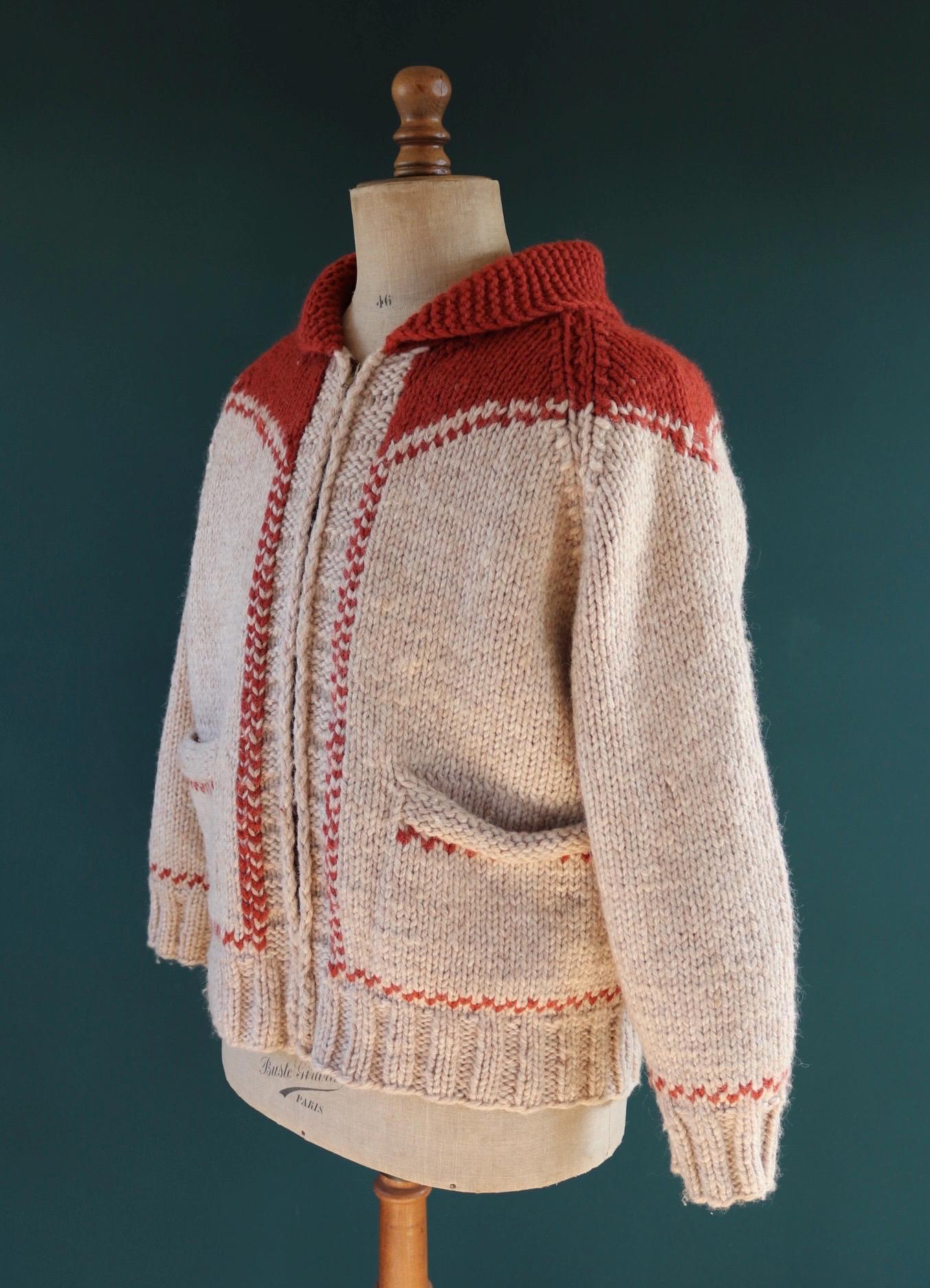 Vintage 1960s Cowichan wool sweater - novelty hand knit cardigan - cow design - 46” chest
