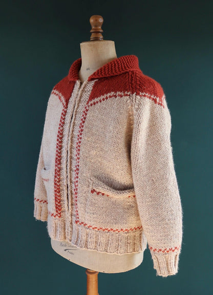 Vintage 1960s Cowichan wool sweater - novelty hand knit cardigan - cow design - 46” chest