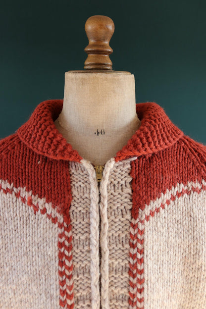 Vintage 1960s Cowichan wool sweater - novelty hand knit cardigan - cow design - 46” chest