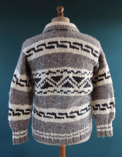 Vintage 1980s Cowichan wool cardigan - hand knitted - chunky winter sweater - 41" chest