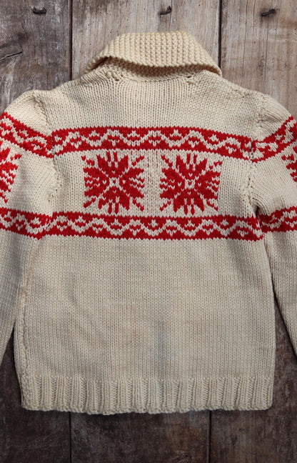 Vintage 1950s cowichan sweater - chunky wool cardigan - hand knitted jumper - snowflake design - 33” chest