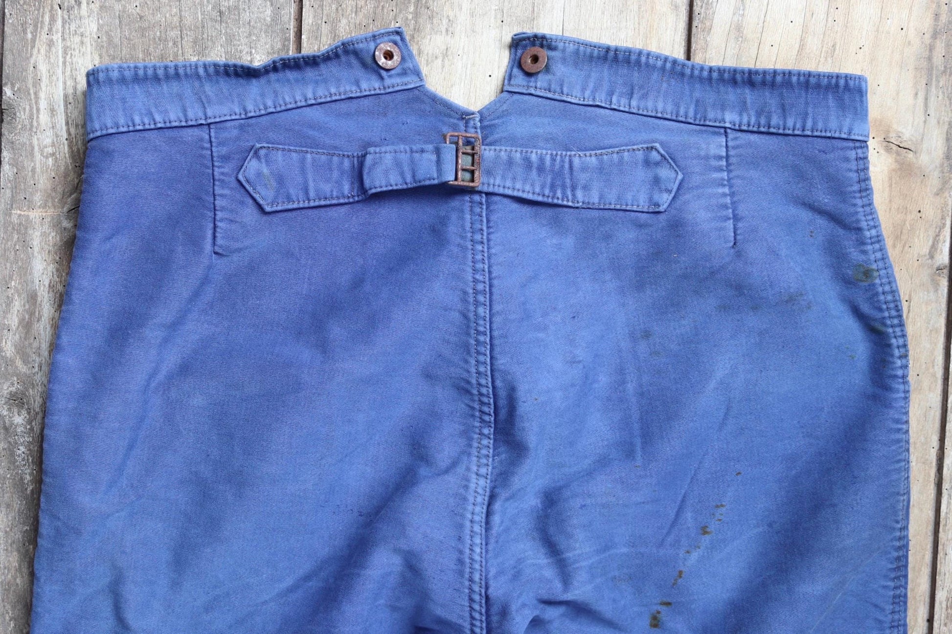 Vintage 1940s French workwear trousers - buckle back chore pants - blue moleskin - 38” x 26”
