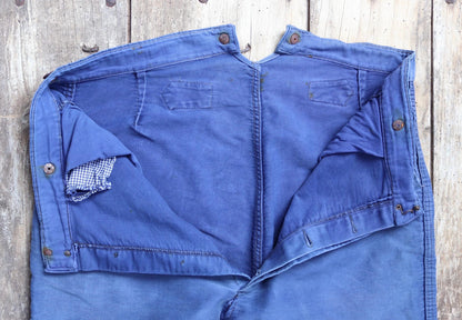 Vintage 1940s French workwear trousers - buckle back chore pants - blue moleskin - 38” x 26”