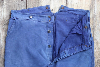 Vintage 1940s French workwear trousers - buckle back chore pants - blue moleskin - 38” x 26”