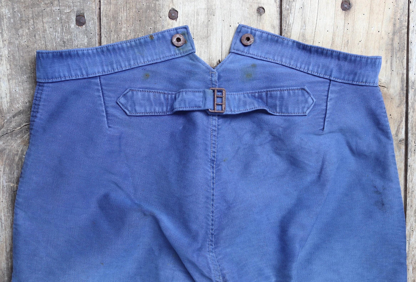 Vintage 1940s French workwear trousers - buckle back chore pants - blue moleskin - 37” x 25”