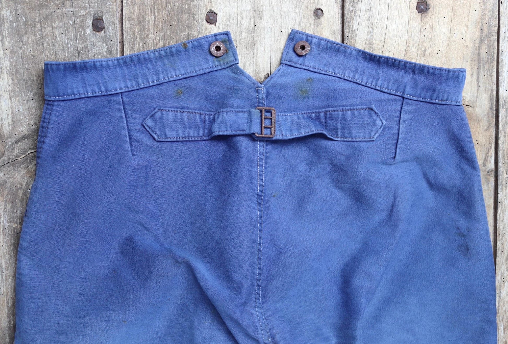 Vintage 1940s French workwear trousers - buckle back chore pants - blue moleskin - 37” x 25”