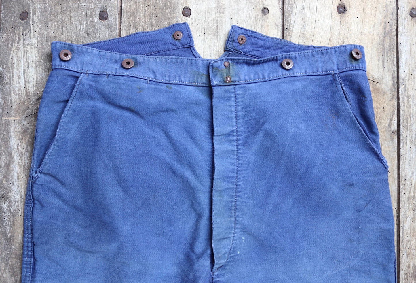 Vintage 1940s French workwear trousers - buckle back chore pants - blue moleskin - 37” x 25”