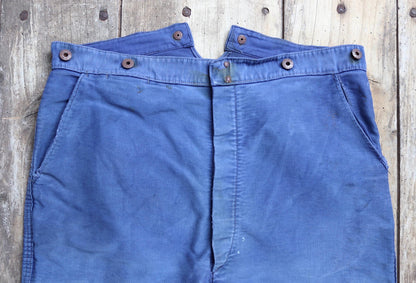 Vintage 1940s French workwear trousers - buckle back chore pants - blue moleskin - 37” x 25”