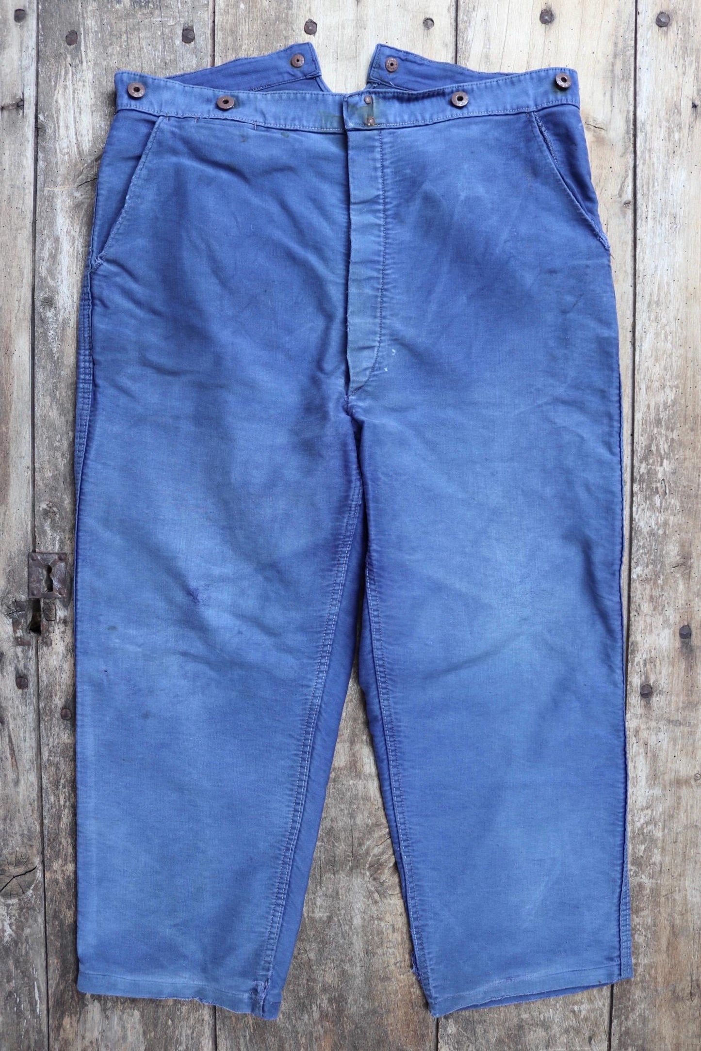 Vintage 1940s French workwear trousers - buckle back chore pants - blue moleskin - 37” x 25”
