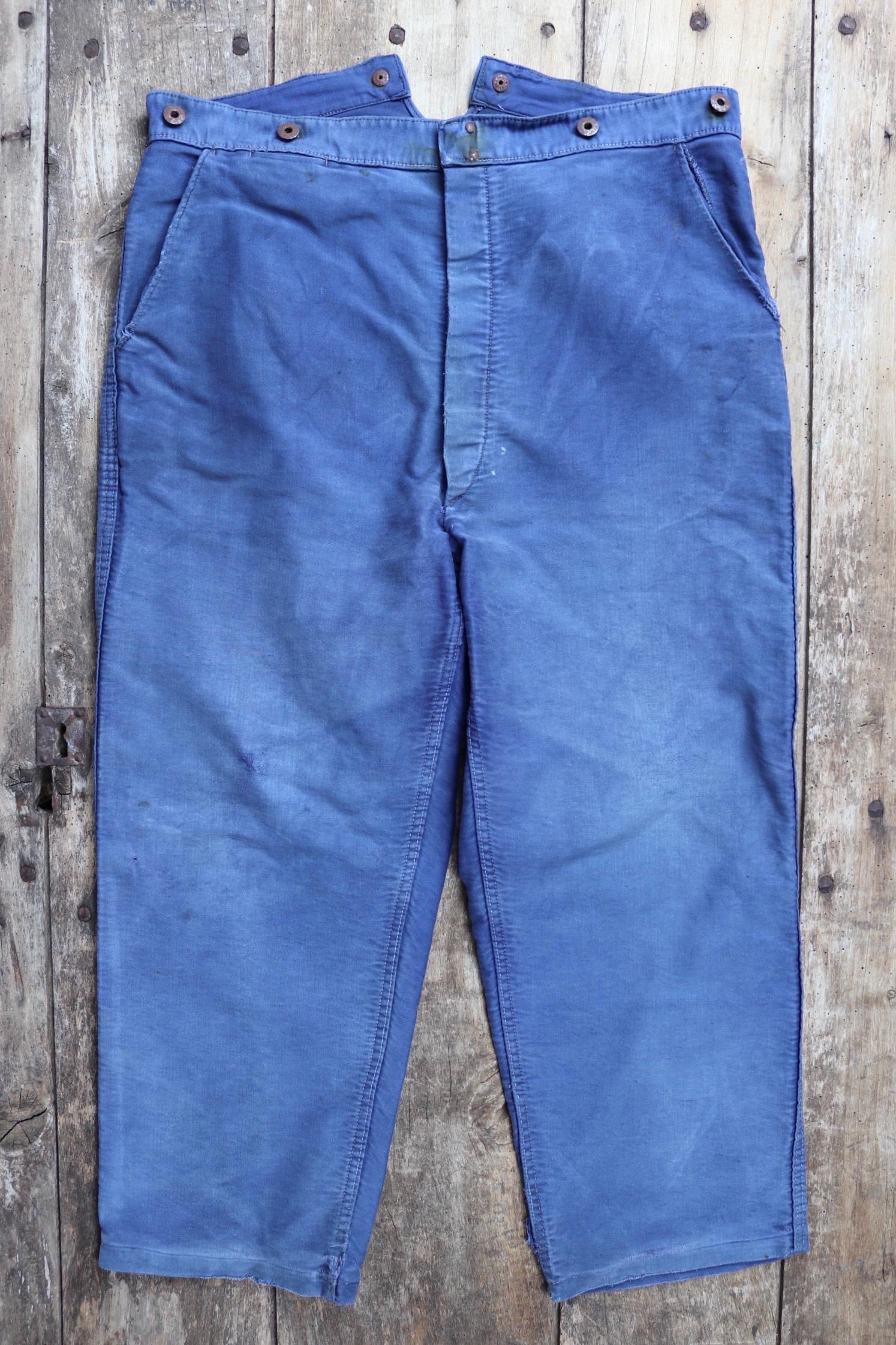 Vintage 1940s French workwear trousers - buckle back chore pants - blue moleskin - 37” x 25”