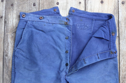 Vintage 1940s French workwear trousers - buckle back chore pants - blue moleskin - 37” x 25”