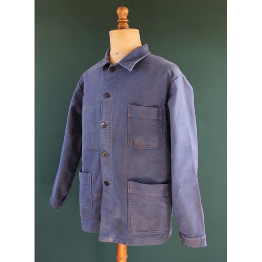 Vintage French blue moleskin workwear jacket - distressed chore coat - 47" chest