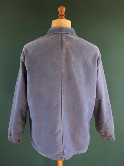 Vintage French blue moleskin workwear jacket - distressed chore coat - 47" chest