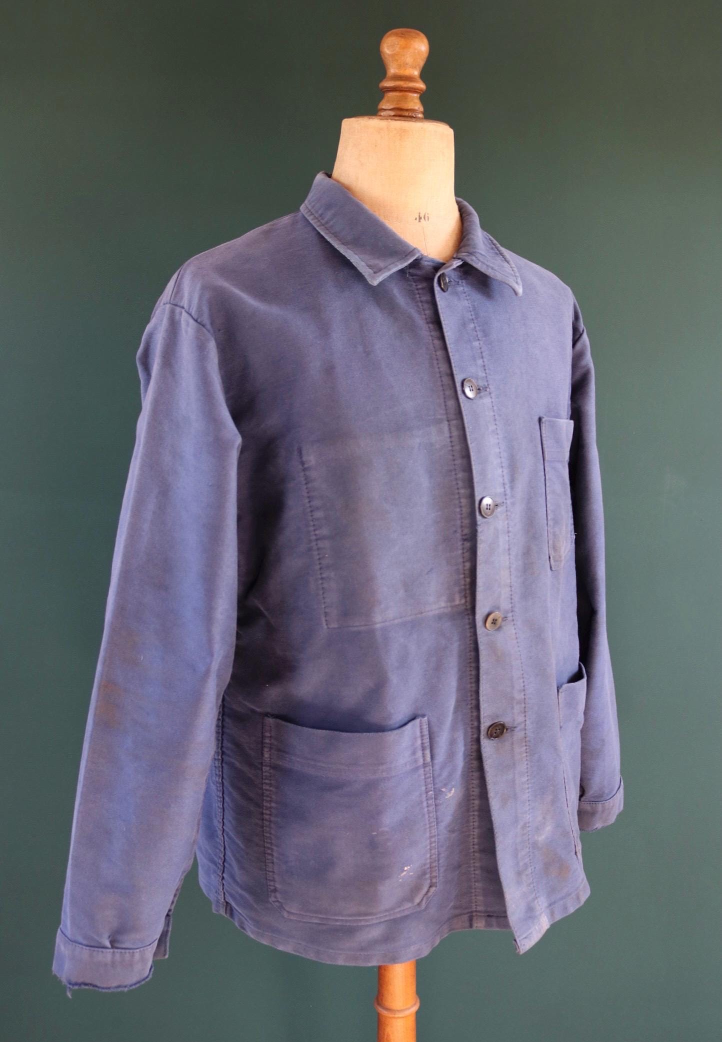 Vintage French blue moleskin workwear jacket - distressed chore coat - 47" chest