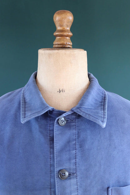 Vintage French blue moleskin workwear jacket - distressed chore coat - 47" chest
