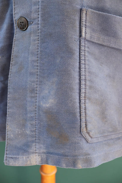Vintage French blue moleskin workwear jacket - distressed chore coat - 47" chest