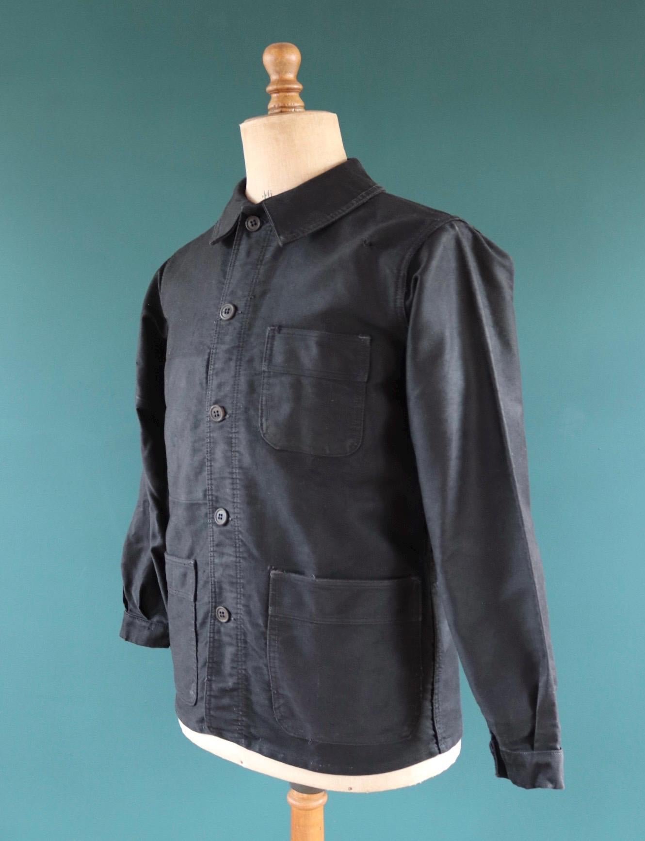 Vintage French black moleskin workwear jacket - 1940s chore coat - 41” chest