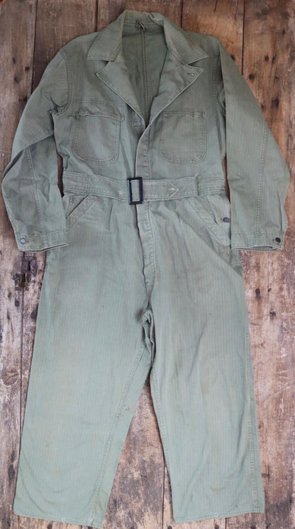 Vintage WW2 US army 1st pattern HBT overalls - 1940s military workwear - OD8 green belted coveralls - 43” x 37” x 26”