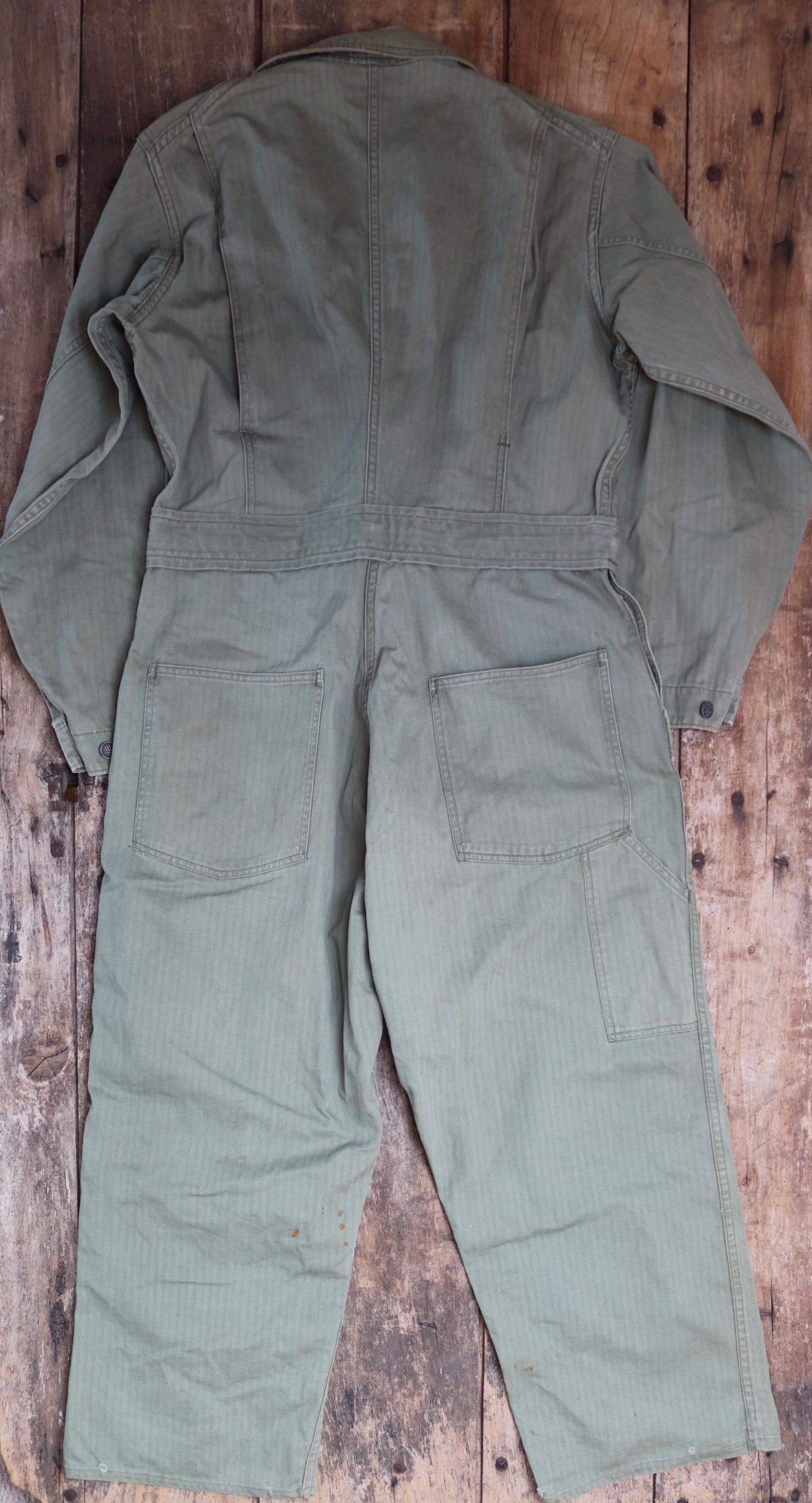 Vintage WW2 US army 1st pattern HBT overalls - 1940s military workwear - OD8 green belted coveralls - 43” x 37” x 26”