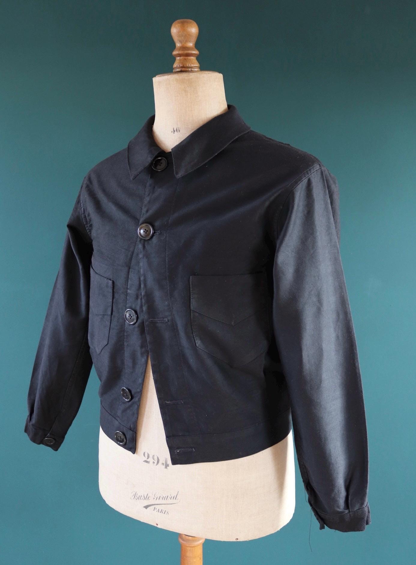 Vintage black moleskin cyclist jacket - 1940s French workwear coat - 40" chest