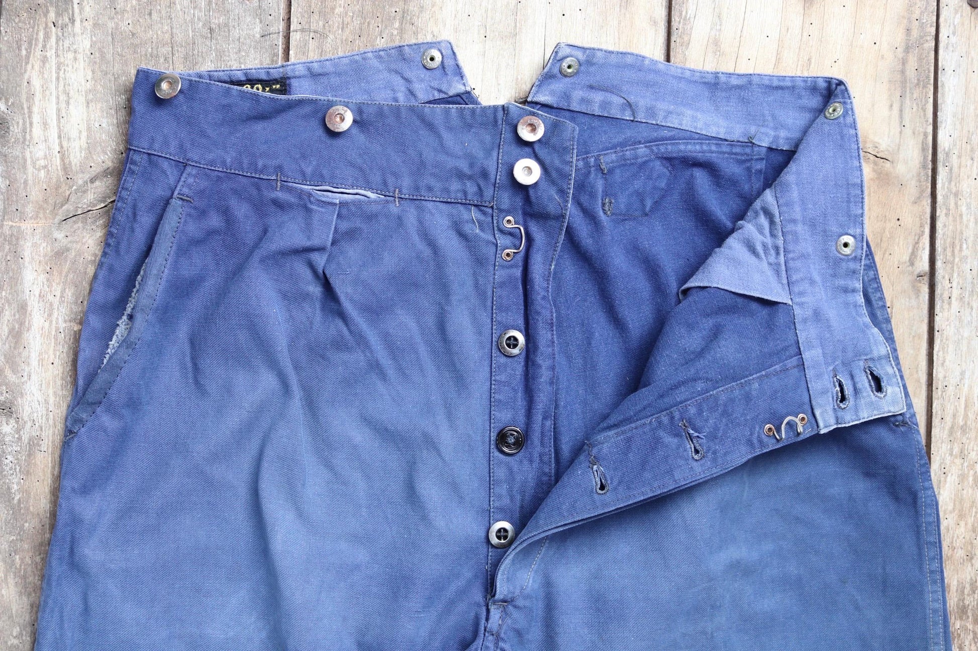 Vintage French workwear trousers - buckle back chore pants - 35" x 29"