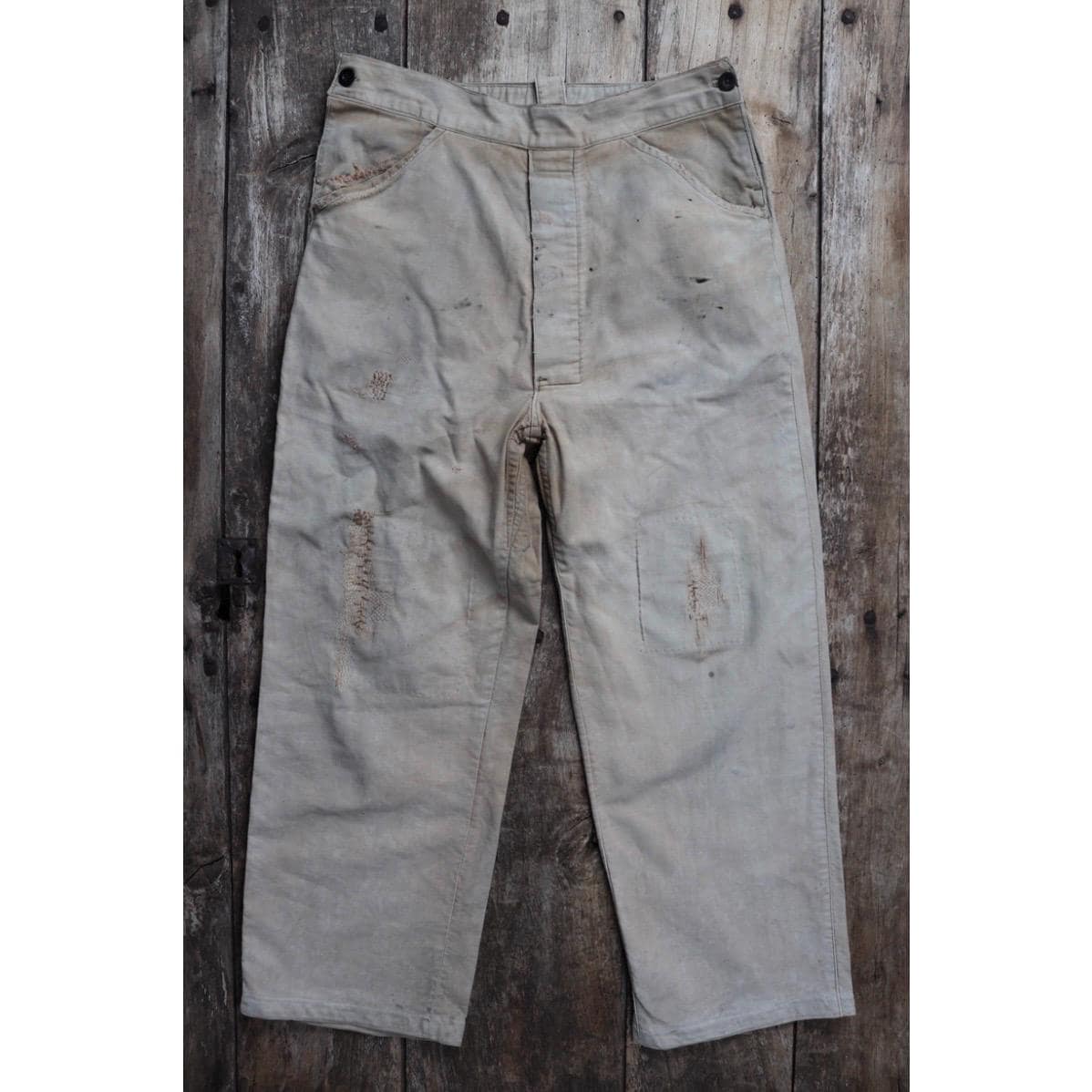 Vintage French workwear trousers - 1950s chore pants - darned and repaired - 32” x 26”