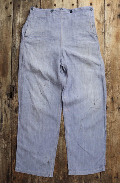 Vintage 1950s French linen trousers - sailor pants - military workwear - fall front - wide leg - 33" x 33"