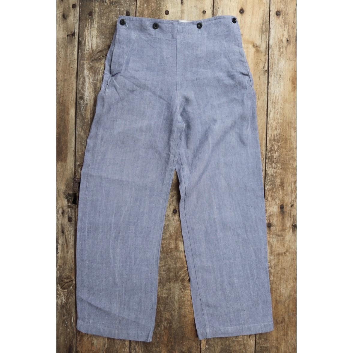 Vintage 1950s French linen trousers - sailor pants - military workwear - fall front - wide leg - 29" x 31"