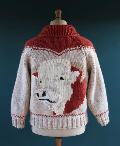 Vintage 1960s Cowichan wool sweater - novelty hand knit cardigan - cow design - 46” chest