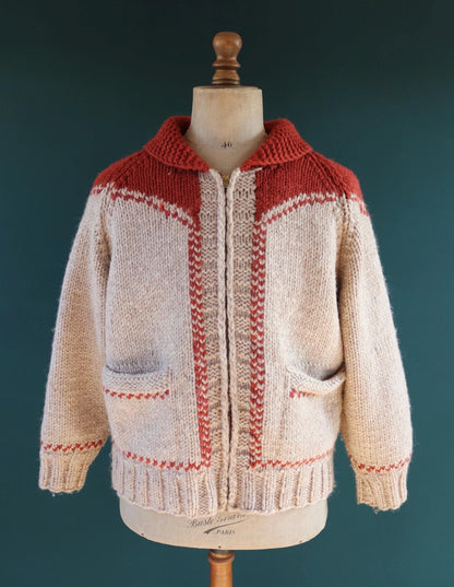 Vintage 1960s Cowichan wool sweater - novelty hand knit cardigan - cow design - 46” chest
