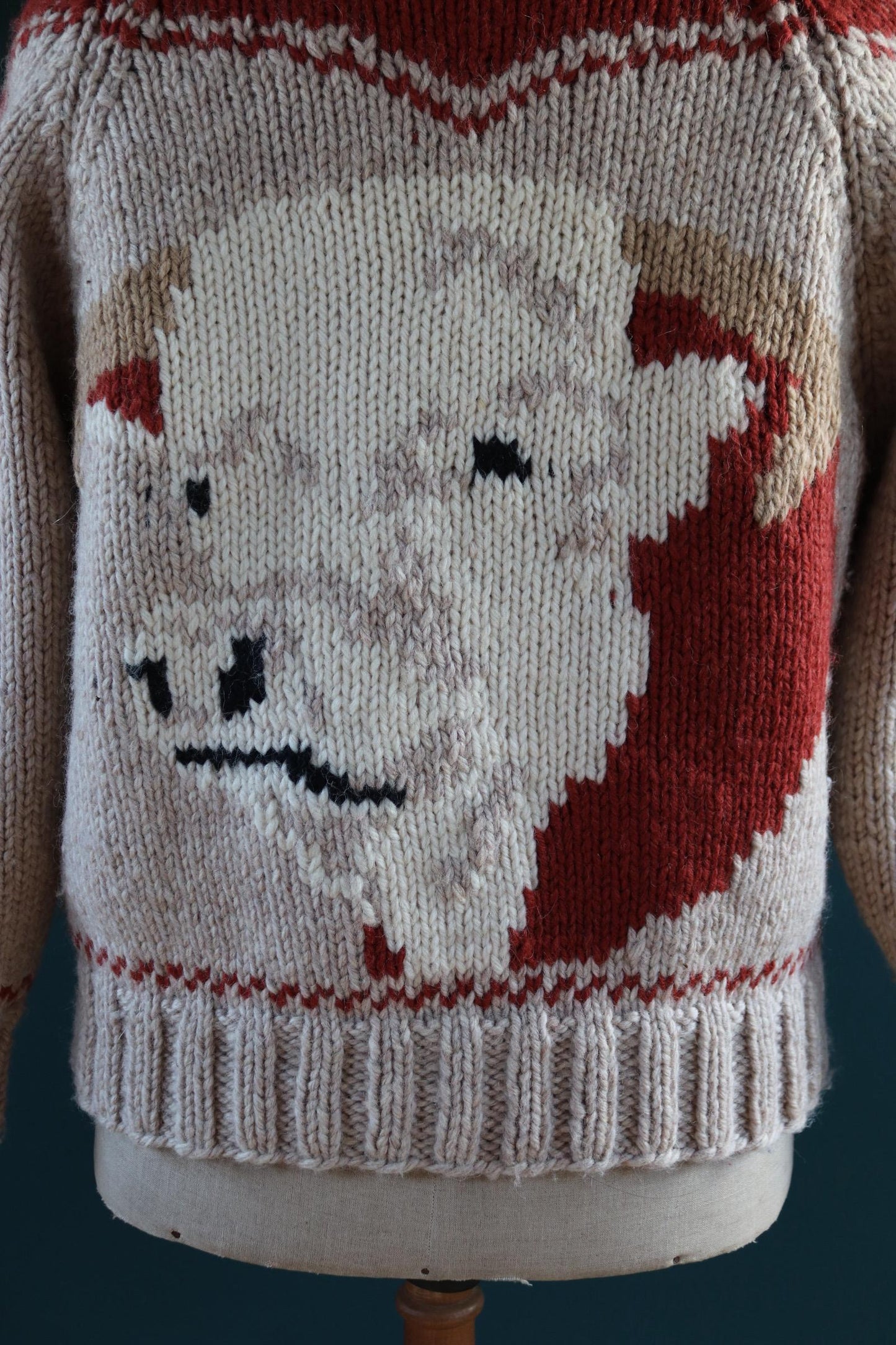 Vintage 1960s Cowichan wool sweater - novelty hand knit cardigan - cow design - 46” chest