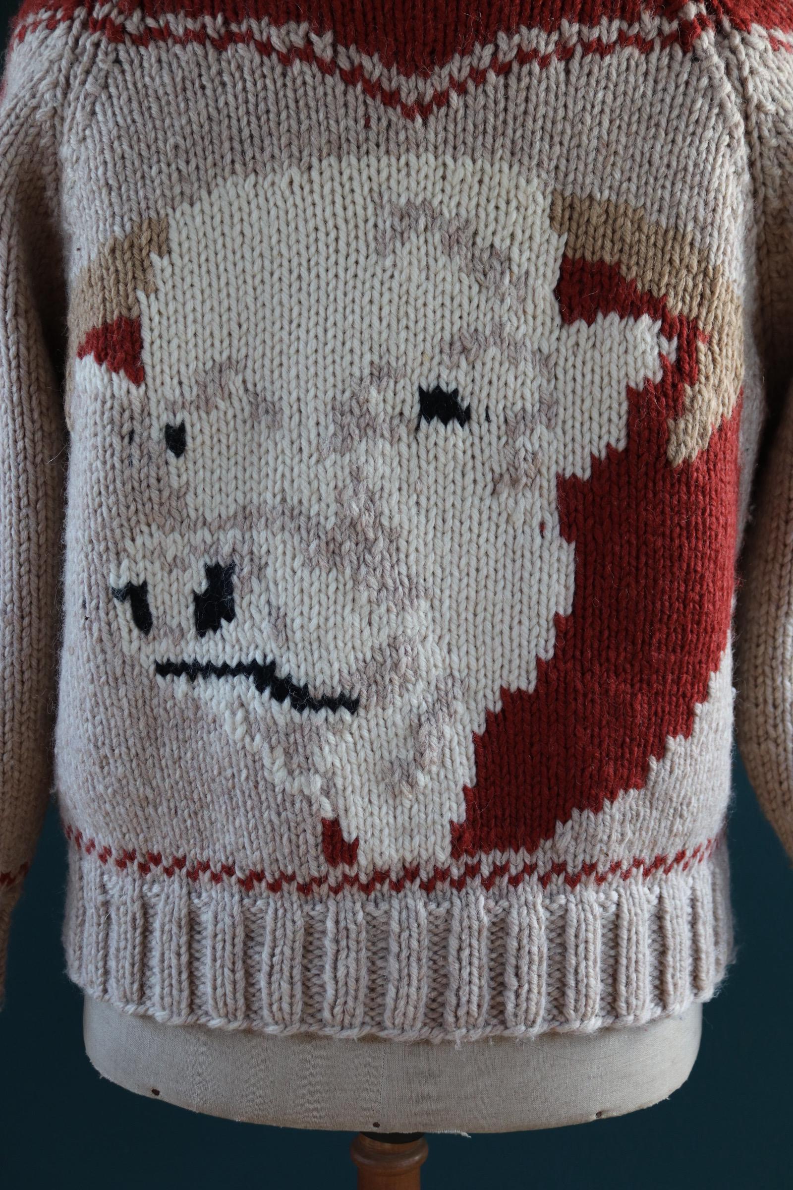 Vintage 1960s Cowichan wool sweater - novelty hand knit cardigan - cow design - 46” chest