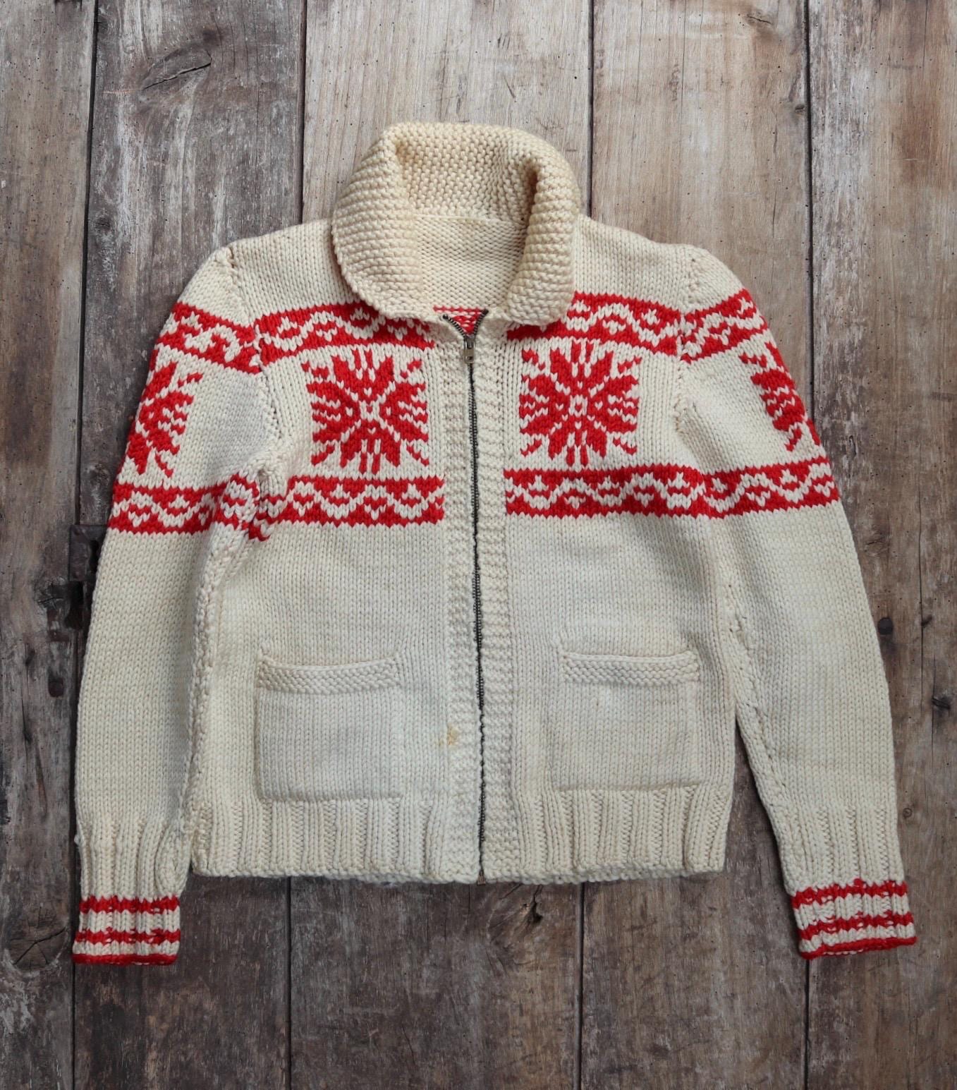 Vintage 1950s cowichan sweater - chunky wool cardigan - hand knitted jumper - snowflake design - 33” chest