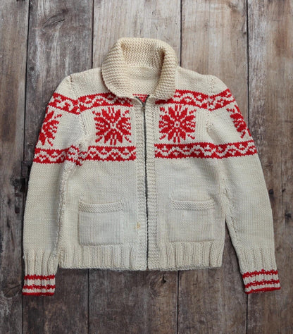 Vintage 1950s cowichan sweater - chunky wool cardigan - hand knitted jumper - snowflake design - 33” chest
