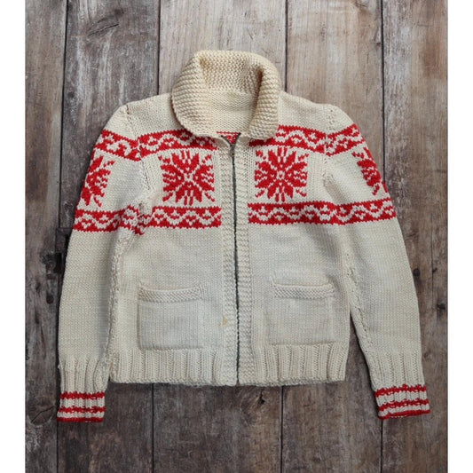 Vintage 1950s cowichan sweater - chunky wool cardigan - hand knitted jumper - snowflake design - 33” chest