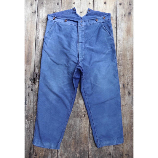 Vintage 1950s French workwear trousers - buckle back chore pants - blue moleskin - 38” x 25”