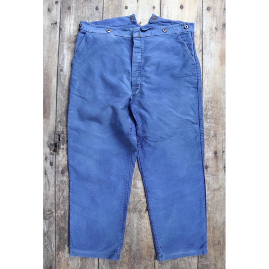 Vintage 1940s French workwear trousers - buckle back chore pants - blue moleskin - 38” x 26”