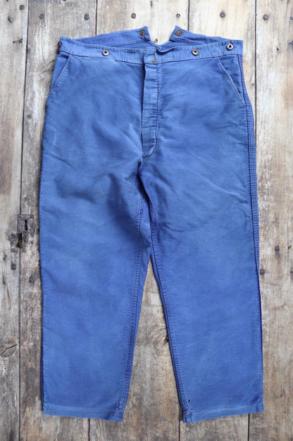 Vintage 1940s French workwear trousers - buckle back chore pants - blue moleskin - 38” x 26”