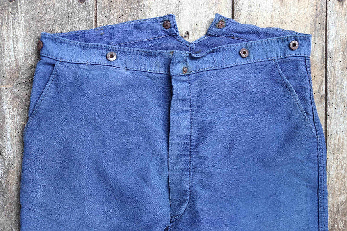 Vintage 1940s French workwear trousers - buckle back chore pants - blue moleskin - 38” x 26”