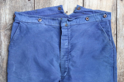 Vintage 1940s French workwear trousers - buckle back chore pants - blue moleskin - 38” x 26”