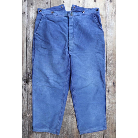 Vintage 1940s French workwear trousers - buckle back chore pants - blue moleskin - 37” x 25”