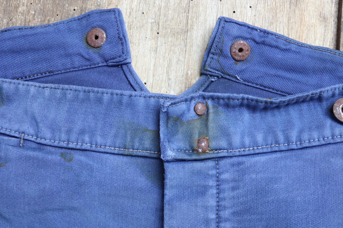 Vintage 1940s French workwear trousers - buckle back chore pants - blue moleskin - 37” x 25”
